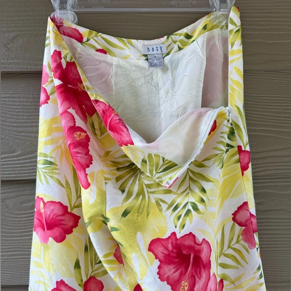 BetU 100% SILK Yellow Pink Floral Beaded Lined Tropical Summer Pants Size 4 - Picture 6 of 10